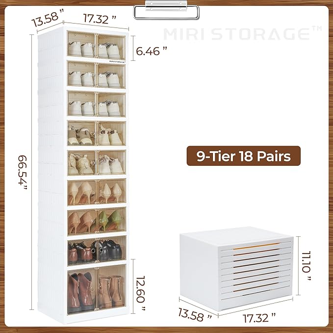 Easy Assembly 9 Tier Foldable Shoe Rack Organizer White Clear Plastic Portable Collapsible Shoe Organizer and Folding Shoe Storage Box and Cabinet with Door