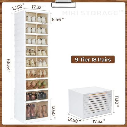 Easy Assembly 9 Tier Foldable Shoe Rack Organizer White Clear Plastic Portable Collapsible Shoe Organizer and Folding Shoe Storage Box and Cabinet with Door