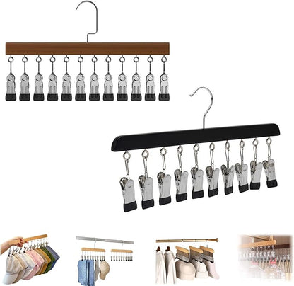 Closet Organizer with 10 Clips, Space Saving Hanging Closet Organizer, Legging Hanger for Closet Organizer with 10 Clip for Storing Jeans, Legging, Shorts (Black+Vintage-12 Clips, 2PCS)