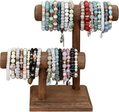 MOOCA 2 Pcs 2-Tier Space Saving Wooden Bracelet Holder Display, Jewelry Stand, Wood Bracelets Display, Jewelry Set, Free Assembly, Brown Color