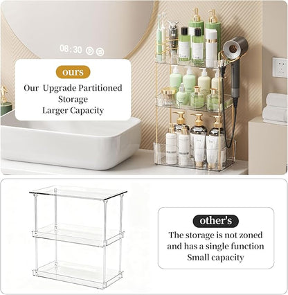 Bathroom Counter Organizer for Vanity, Makeup Organizer Countertop with Holder, Large Capacity Storage Rack, Perfect Large Skincare, Hair Care, Perfume, Easy to Install (Clear, 3Tiers)
