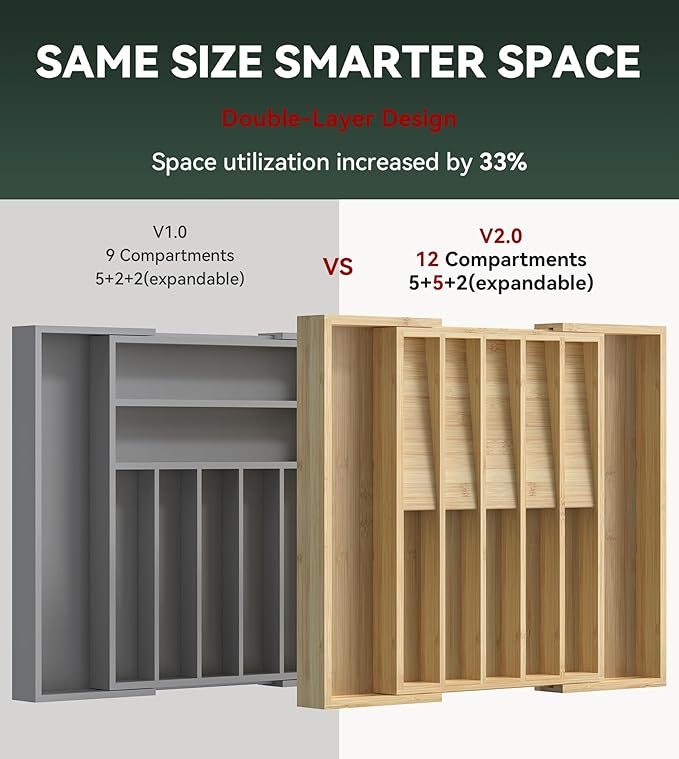 Expandable Silverware Organizer, Utensil Drawer Organizer & Cutlery Tray Dividers for Spoons Forks Knives (12 Slot,Natural Bamboo), 16.7”D x 13"-20”W x 1.97 “H