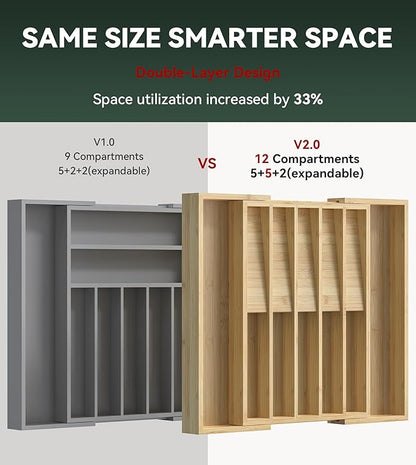 Expandable Silverware Organizer, Utensil Drawer Organizer & Cutlery Tray Dividers for Spoons Forks Knives (12 Slot,Natural Bamboo), 16.7”D x 13"-20”W x 1.97 “H