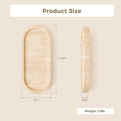 Marble Vanity Tray 11.8" x 5" Italy Natural Travertine Stone Decorative Trays for Jewelry Candles Perfume, Countertop Storage Organizer for Bathroom Dresser Kitchen Home Decor Beige (WH033)