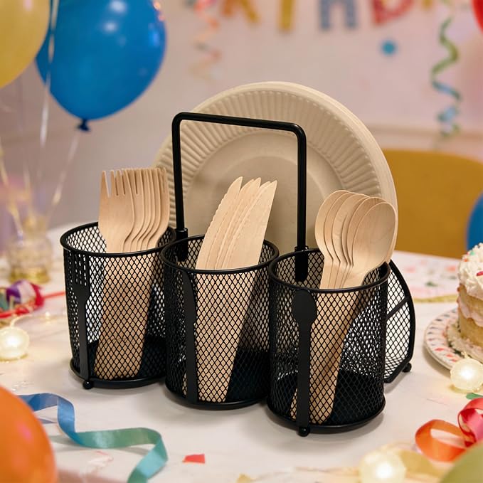 Silverware Organizer Utensil Caddy - 4 Compartment Metal Cutlery Holder Flatware Storage Basket Fork Spoon Napkin Paper Plate Kitchen Countertop Party Picnic Camping Buffet Outdoor (Black)