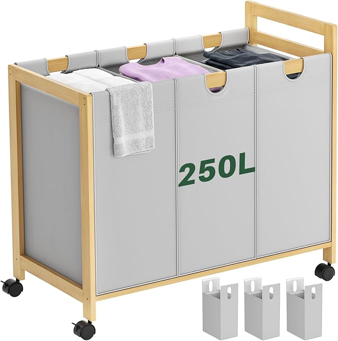 Homykic 250L Laundry Sorter Cart with Wheels, 3-Section Rolling Laundry Basket with Removable Bags, 66 Gal Large Laundry Hamper Organizer, Heavy Duty Bamboo Frame, Water-Resistant, Grey