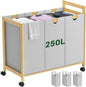 Homykic 250L Laundry Sorter Cart with Wheels, 3-Section Rolling Laundry Basket with Removable Bags, 66 Gal Large Laundry Hamper Organizer, Heavy Duty Bamboo Frame, Water-Resistant, Grey