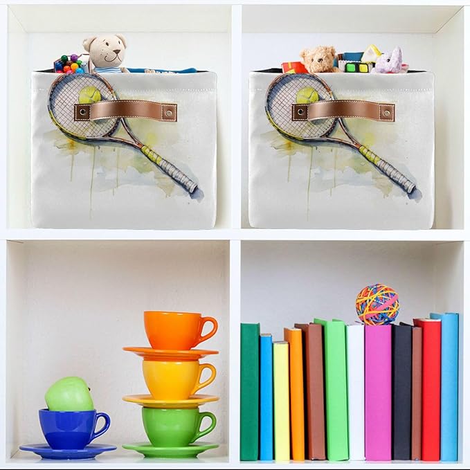 Large Storage Basket Tennis Ball Storage Bin Cube Canvas Fabric Organizer Handles Collapsible for Clothes Toys Bedroom Decorative