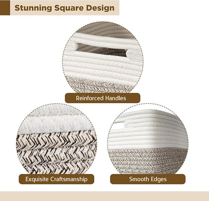 AELS Hand Woven Cotton Baskets for Storage, Cube Storage Bins with Handles, Foldable Collapsible Closet Organizers and Storage, Boho Farmhouse Storage Cubes for Shelves, Beige Mixed Khaki Coffee Brown