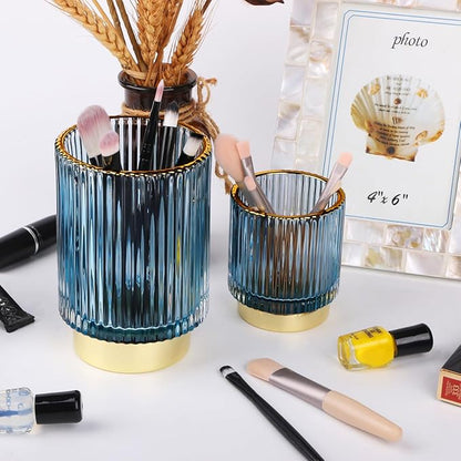 Blue Makeup Brush Holder, Glass Toothbrush Holders for Bathrooms, Gold Pen Holder for Desk, Vintage Make Up Brush Holder Vanity Organizer for Brushes, Lipstick, Eyebrow Pencil
