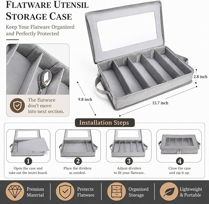 Joyfol Day Flatware Utensil Storage Case, Grey Silverware Storage Box Chest with Adjustable Dividers, Removable Cutlery Storage Holder with Zipper Lid for Organizing Spoon/Flatware/Knives