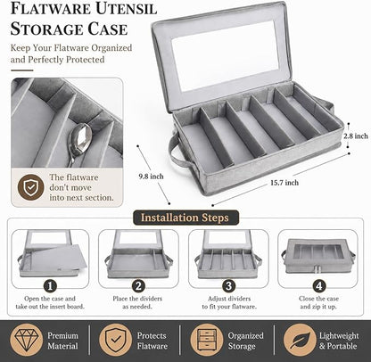 Joyfol Day Flatware Utensil Storage Case, Grey Silverware Storage Box Chest with Adjustable Dividers, Removable Cutlery Storage Holder with Zipper Lid for Organizing Spoon/Flatware/Knives