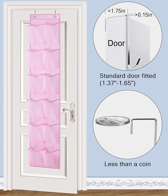 MISSLO Over The Door Shoe Organizer 12 Large Mesh Pockets Hanging Narrow Closet Door, Baby Hanging Shoe Rack Kids Closet Storage bags for Girl Women Men Toddler Nursery, Pink, 2 Pack
