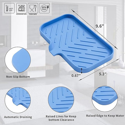 MicoYang Silicone Bathroom Soap Dishes with Drain Spout Bathroom and Kitchen Sink Organizer,Sponge Holder,Dish Soap Tray,Perfect for Dispenser,Scrubber,Bottle,Cup on Counter Lichen Blue 9.6"×5.3"