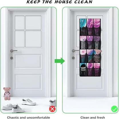 Marble Pattern Shoe Organizer Door Hanger,Storage for Small Spaces,Over the Door Shoe Organizer with 12 Mesh Large Pockets