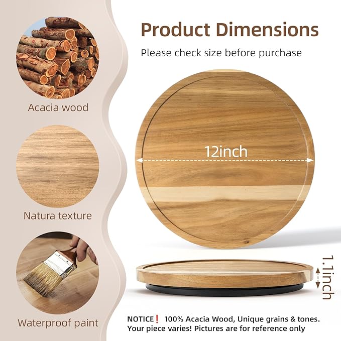 LAMU 12'' Acacia Wood Lazy Susan Organizer for Table Top, Lazy Susan Turntable for Cabinet, Kitchen, Countertop, Pantry Organization