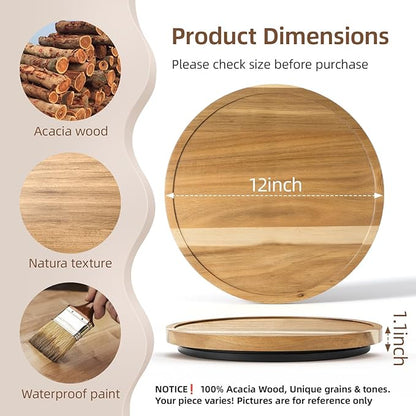 LAMU 12'' Acacia Wood Lazy Susan Organizer for Table Top, Lazy Susan Turntable for Cabinet, Kitchen, Countertop, Pantry Organization