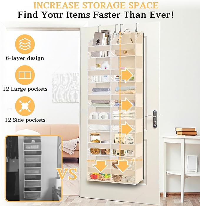 Ofiray-home Over the Door Organizer 6 Tiers, Extra Large Behind Door Storage of 12 Compartments,80 lbs Weight Capacity Hanging Storage Organizer with Clear Window Kids Toys, Shoes, Diapers,Beige