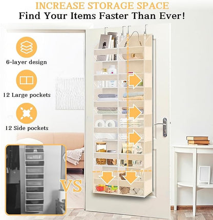 Ofiray-home Over the Door Organizer 6 Tiers, Extra Large Behind Door Storage of 12 Compartments,80 lbs Weight Capacity Hanging Storage Organizer with Clear Window Kids Toys, Shoes, Diapers,Beige