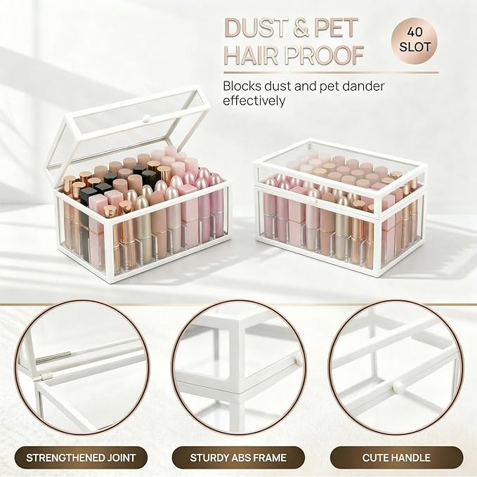 40 Lipsticks Organizer with Lid, Glass Display Box Fits Large Perfume & Skincare, Easy-Access Organiser for Vanity Countertop, Multifunctional Display Box in Any Rooms