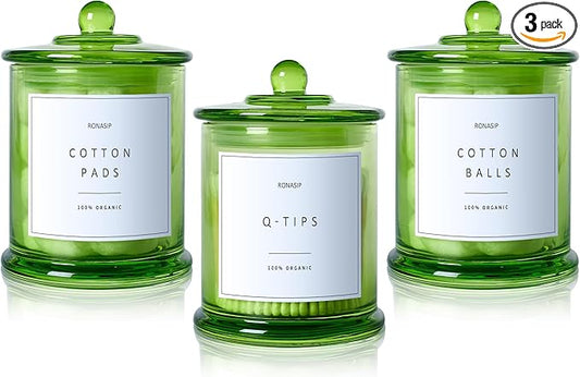 Ronasip 3 Pack Green Qtip Holder Dispenser, 16oz Bathroom Organizer and Storage Canisters, Glass Apothecary Jars with Lid - Home Decor, Room Decor Aesthetic