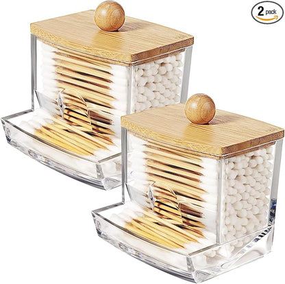 SheeChung 10Oz Acrylic Qtip Holder Dispenser for Cotton Swab, Clear Plastic Containers Apothecary Jars with Bamboo Lid, Bathroom Accessories, Vanity Organizers and Storage, Home Essentials-Brown, 2Pcs
