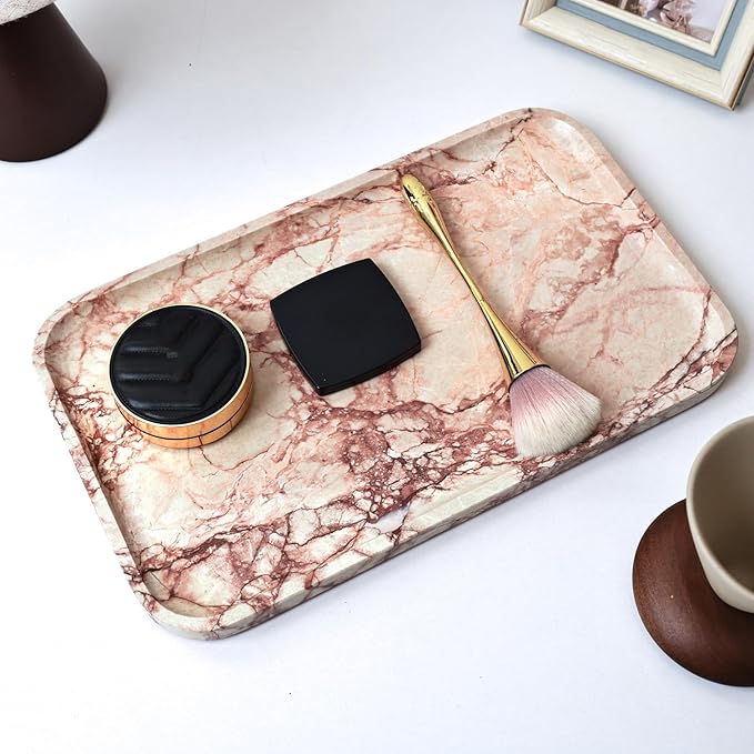 Yew & Tulip 14" x 8.5" Natural Marble Tray for Kitchen, Bathroom, Living Room – Serving/Decorative Vanity Tray for Jewelry, Candles, Decor (Pink)