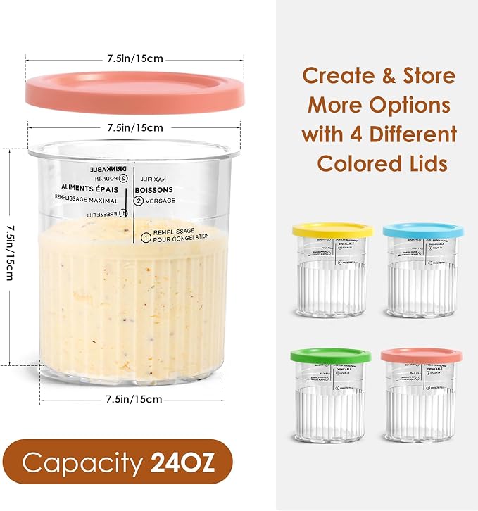 4 Pack Creami Deluxe Pints with Lids, 24 Oz Creami Pints Compatible with NC500 NC501 Series Ice Cream Makers Machine Accessories, BPA-Free & Dishwasher Safe(pink/blue/green/yellow)
