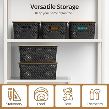 Plastic Storage Bins with Bamboo Lids, Stackable Small Box Baskets for Organizing and Containers for Shelves Drawers Desktop Closet Pantry Classroom Office Home, 6 Pack 10.2x7.2x4.1 Inch, Black