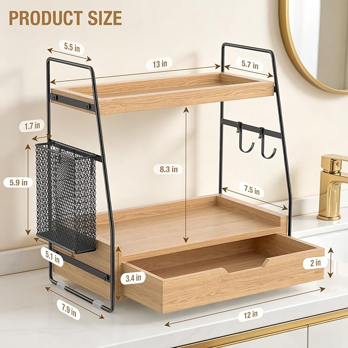 2 Tier Bathroom Counter Organizer Wood - Tiered Bathroom Countertop Shelf with Drawer, Removable Basket & 2 Hooks, Makeup Vanity Organizer for Skincare Perfume Toiletries, 13'' Wood