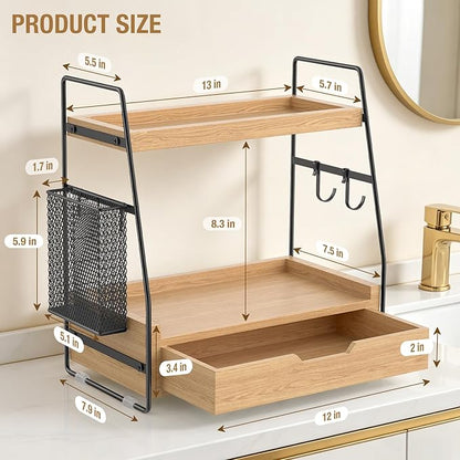 2 Tier Bathroom Counter Organizer Wood - Tiered Bathroom Countertop Shelf with Drawer, Removable Basket & 2 Hooks, Makeup Vanity Organizer for Skincare Perfume Toiletries, 13'' Wood