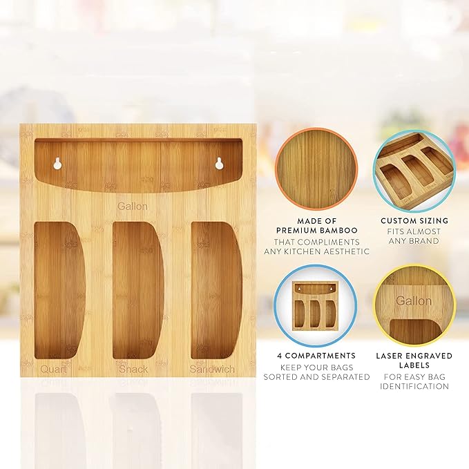 Bamboo Food Bag Storage Organizer for Kitchen Drawer, Baggie Holder for Solimo, Glad, Hefty Gallon, Quart, Sandwich and Snack Variety Size Bags (1 Box 4 Slots)
