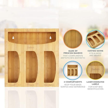 Bamboo Food Bag Storage Organizer for Kitchen Drawer, Baggie Holder for Solimo, Glad, Hefty Gallon, Quart, Sandwich and Snack Variety Size Bags (1 Box 4 Slots)