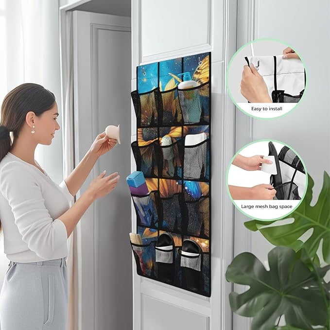 Butterfly Sunflower Over the Pantry Door Organizer - 12 Clear Pockets for Spices, Utensils, Snacks