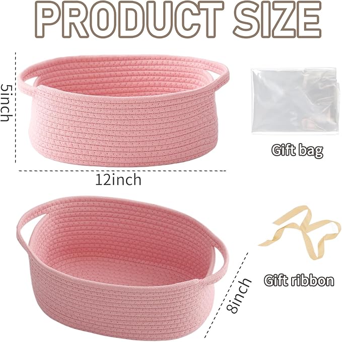 JMvicyroam Woven Basket,Small Rope Storage Bin with Handles & Ribbon Bag, Organizer for Shelves Closets,Gift Basket Empty for Birthday,Books,Dog Toys, Pink