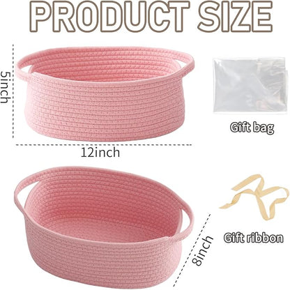 JMvicyroam Woven Basket,Small Rope Storage Bin with Handles & Ribbon Bag, Organizer for Shelves Closets,Gift Basket Empty for Birthday,Books,Dog Toys, Pink