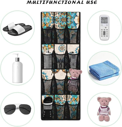 Mandalas Door Hanger Organizer 12 Pockets Behind The Door Organizer for Living Room Butterflies Wall Hanging Storage Easy to Install Multi-Funtion Storage Bag