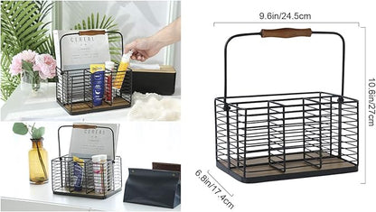 VANRA Utensil Holder Kitchen Condiment Organizer Utensil Caddy Storage Basket Organizer Metal Flatware Caddy with Wood Handle, Black