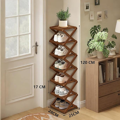 YYW Shoe Rack, Foldable Bamboo Shoes Shelf, Freestanding Shoe Storage Organiser for Entryway, Bedroom, Closet, Hallway, (Brown, 7 Layers, 25)