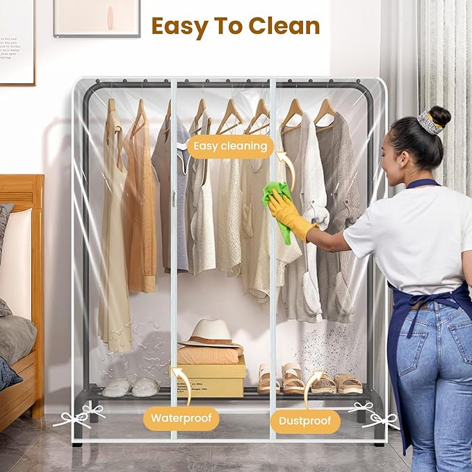 Garment Rack Cover waterproof ransparent Clothes Rack Cover, PEVA Dustproof Wardrobe Hanging Protector Rack Organizer with 2 Smooth Zipper (60 * 20 * 60inch)