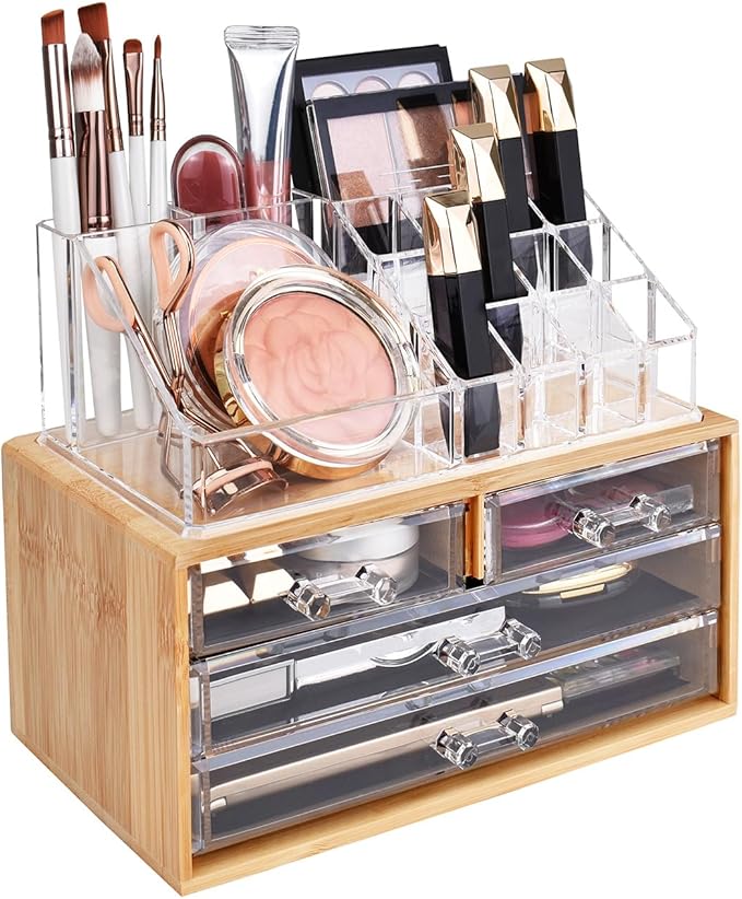 Ikee Design Bamboo Acrylic Makeup Organizer with 4 Drawers and Removable Top Lipstick Holders, Ideal for Make-up or Accessories,Enhance Your Vanity or Bathroom with Clear Design for Quick Visibility