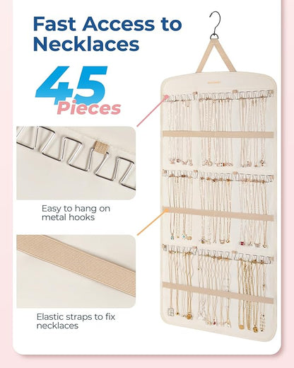 BAGSMART Hanging Jewelry Organizer, Necklace Holder Anti-tangle Earrings Rings Hanger with Pockets Hang on Closet, Wall, Door,1 Piece, Extra Large Beige