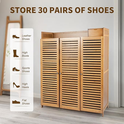 Bamboo Shoe Cabinet 7 Tier Free Standing Shoe Storage Cabinet Shoe Organizers Shoe Storage Cabinet with Door for Entryway Hallway Living Room Bedroom (7 Tier)