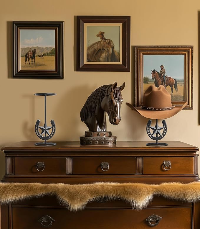 Hat Stand, Cowboy Hat Display, Western Table Decor, Metal Horseshoe Hat Stand, Cowboy Hat Holder, Cowboys Gifts for Men, Desk Hat Rack for Fedora, Sun Hat, Straw Hat, Helmet, 2 Packs, Gunmetal Grey