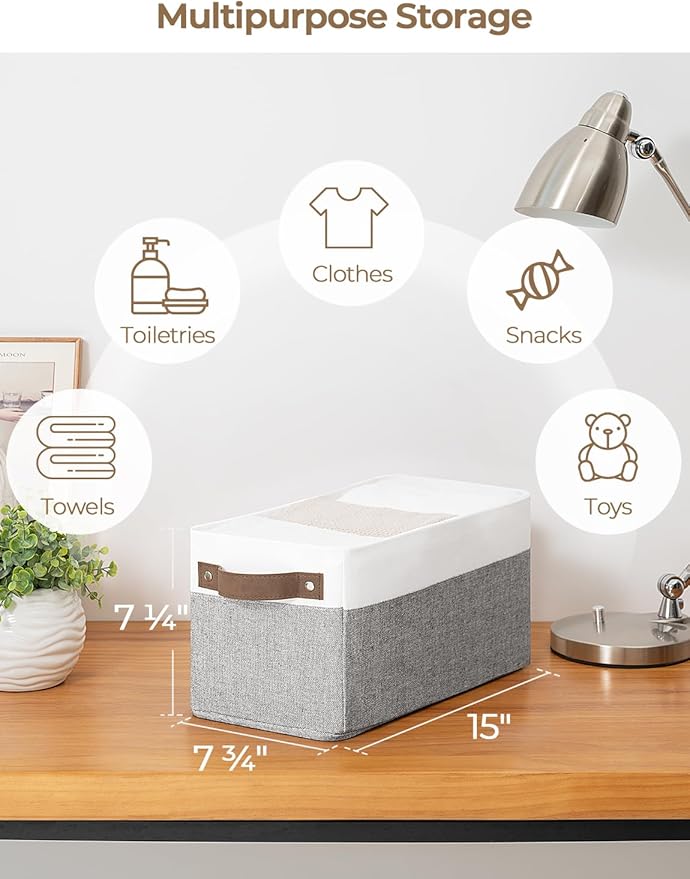 StorageWorks Narrow Storage Bins, Small Basket for Closet and Shelves, Rectangular Fabric Organizer with Handles, Toilet Paper Storage, Gray and White, 2-Pack