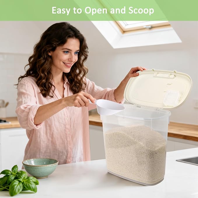 Large Rice Storage Container 15-20 Lbs, Tall Flour Container with Scoop + Cup - Slim Dry Food Storage Bin for Cereal, Sugar, Beans, Pet Dog Cat Food Container - Kitchen and Pantry Storage Organization