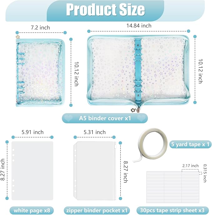 DHATMYC Press On Nail Storage Organizer Binder with 8 Insert Pages - A5 Size Reusable Fake Nail Swatch Star Collecting Book Polish Color Display Holder Container with Tape and Zipper Pocket (BLUE)