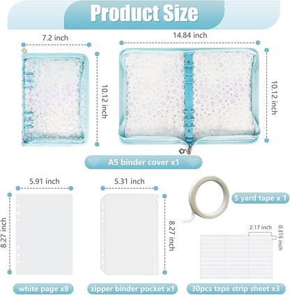 DHATMYC Press On Nail Storage Organizer Binder with 8 Insert Pages - A5 Size Reusable Fake Nail Swatch Star Collecting Book Polish Color Display Holder Container with Tape and Zipper Pocket (BLUE)