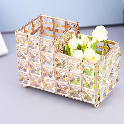 K COOL Crystal Makeup Brush Holder 2 Slot Hexagon Cosmetics Brush Eyeliner Display Cup Home Decorative Makeup Organizer Tabletop Candle Pen Pencil Holder for Office Hotel Dresser Bathroom-Gold
