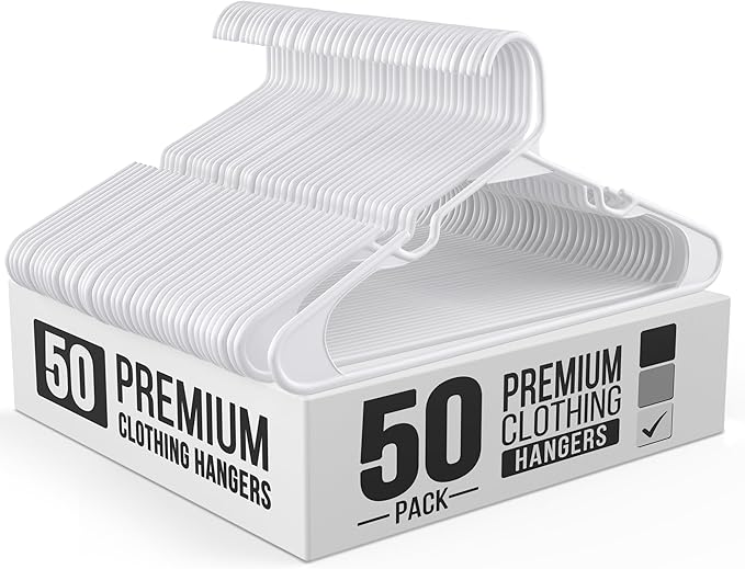 Our Modern Space 50 Pack Adult Plastic Hanger for Shirt Pants Coats Dresses Skirts Suits Jackets - Standard Thick Coat Hanger - Sturdy & Durable Design with Shoulder Grooves Hook - White
